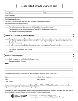 Texas WIC Formula Change Form 