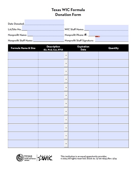 - Texas Wic Formula Donation Form #13-06-16743